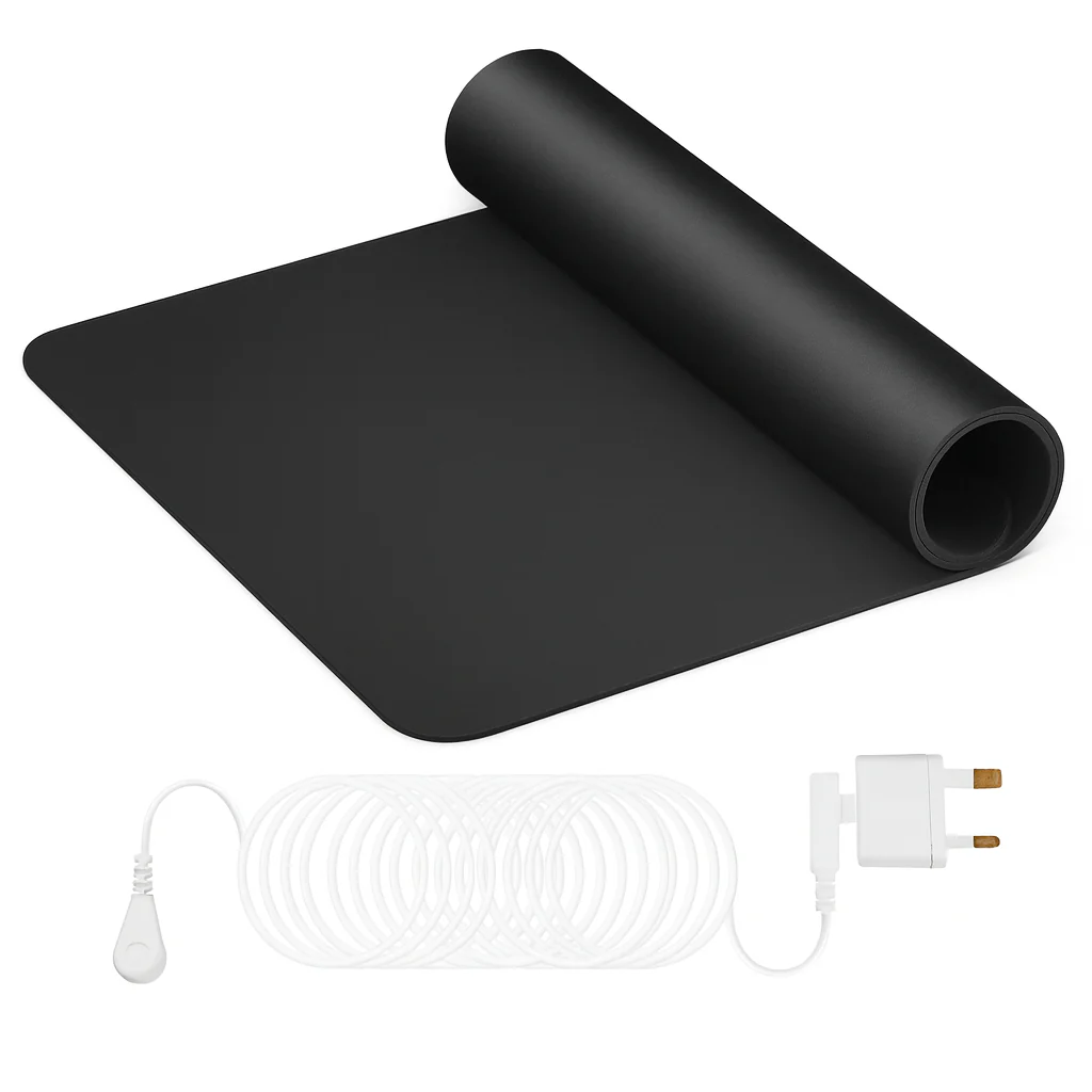 Mirvoso Grounding Mat rolled up with its grounding cord and US grounding plug